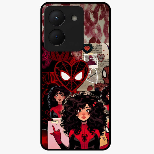 Spider Love Story Glass Case showing flat back view with romantic superhero themed artwork and glossy glass finish.