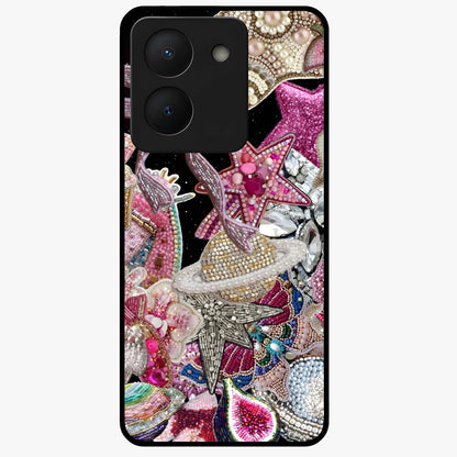 Starlit Jewel Dream Glass Case showing flat back view with sparkling jewel and star themed artwork and glossy glass finish.