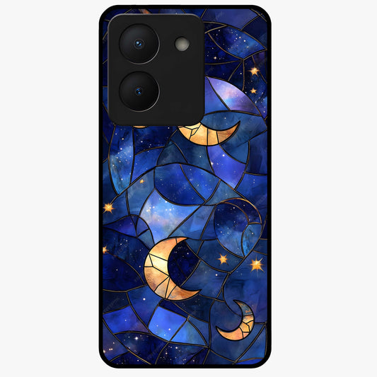 Starlit Sky Tapestry Glass Case showing flat back view with decorative starry sky tapestry artwork and glossy glass finish.