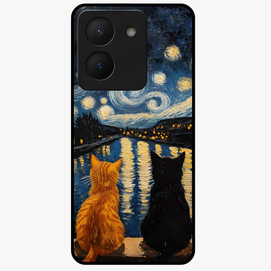 Starry River Cats Glass Case showing flat back view with cats by a starry river artwork and glossy glass finish.