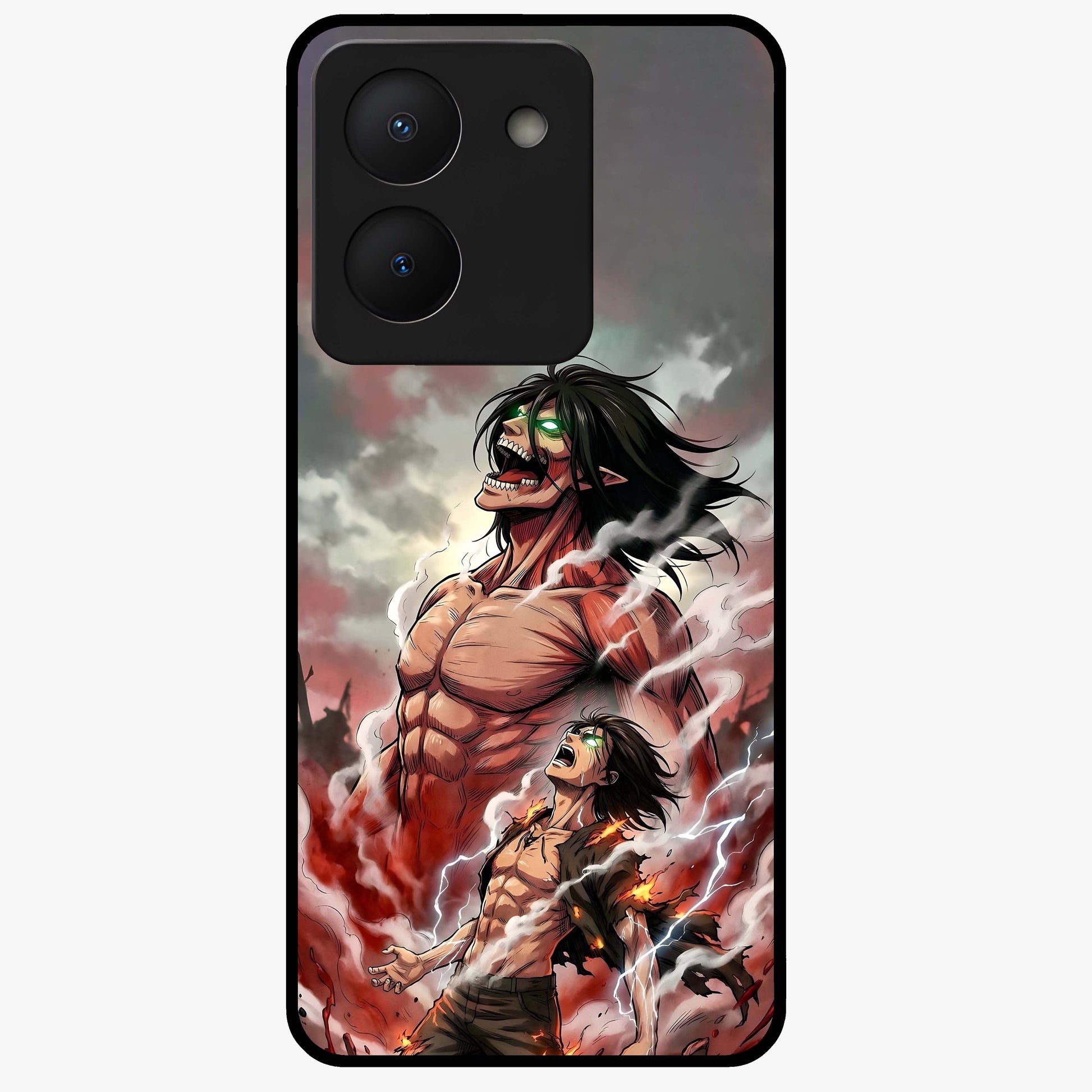 Titan Awakening Fury Glass Case showing flat back view with powerful titan inspired artwork and glossy glass finish.
