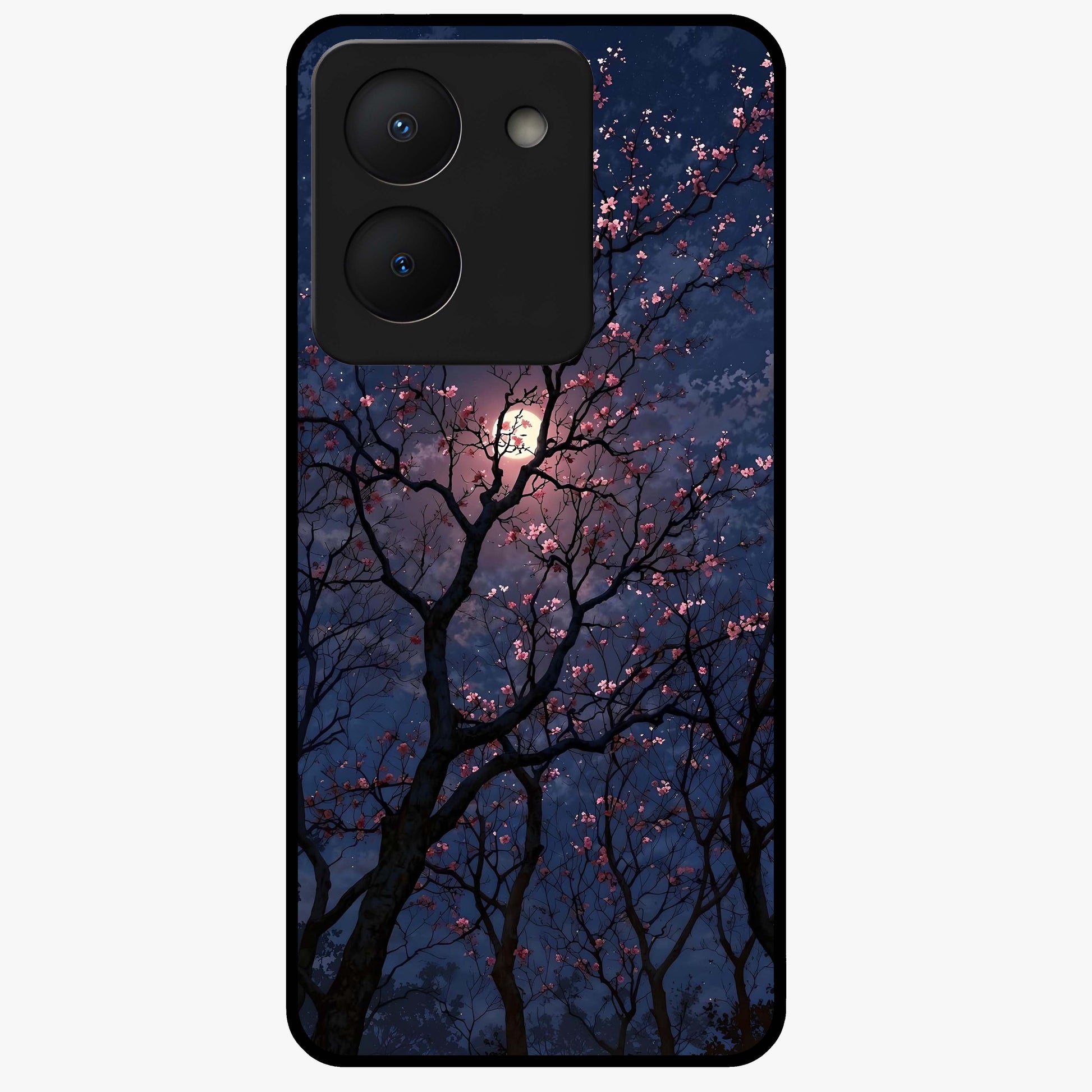 Twilight Sakura Serenade Glass Case showing flat back view with cherry blossom artwork at twilight and glossy glass finish.