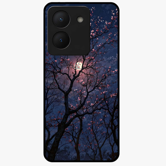 Twilight Sakura Serenade Glass Case showing flat back view with cherry blossom artwork at twilight and glossy glass finish.