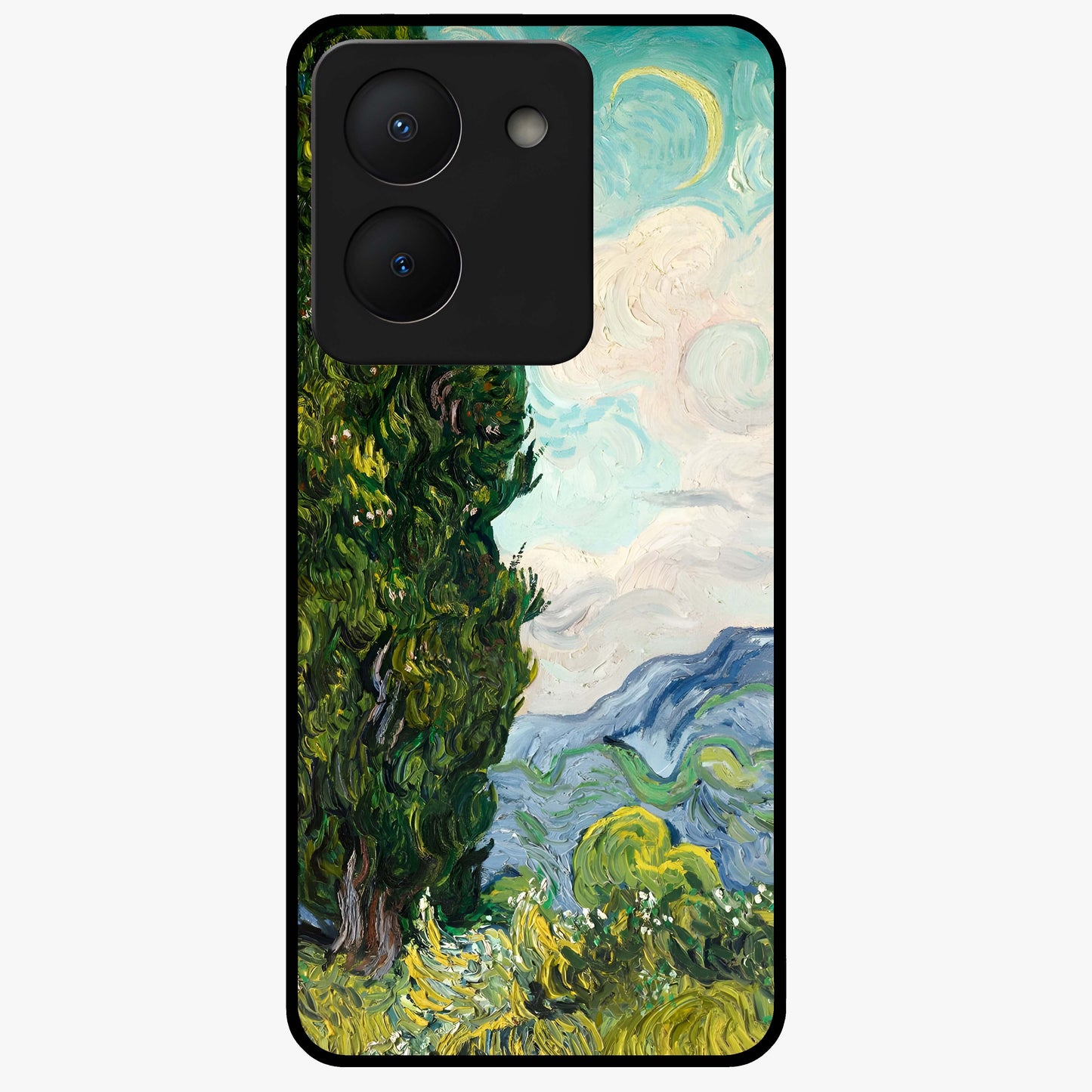 Van Gogh Vintage Art Glass Case showing flat back view with vintage painterly artwork inspired by Van Gogh style and glossy glass finish.