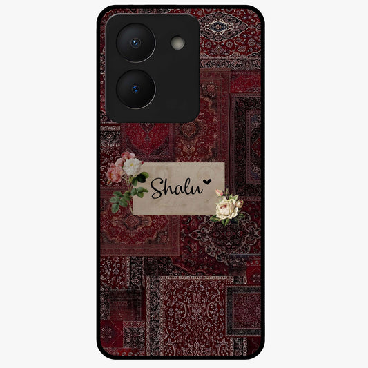 Velvet Wine Pattern Custom Name Glass Case showing flat back view with elegant wine colored pattern artwork and personalized name design.