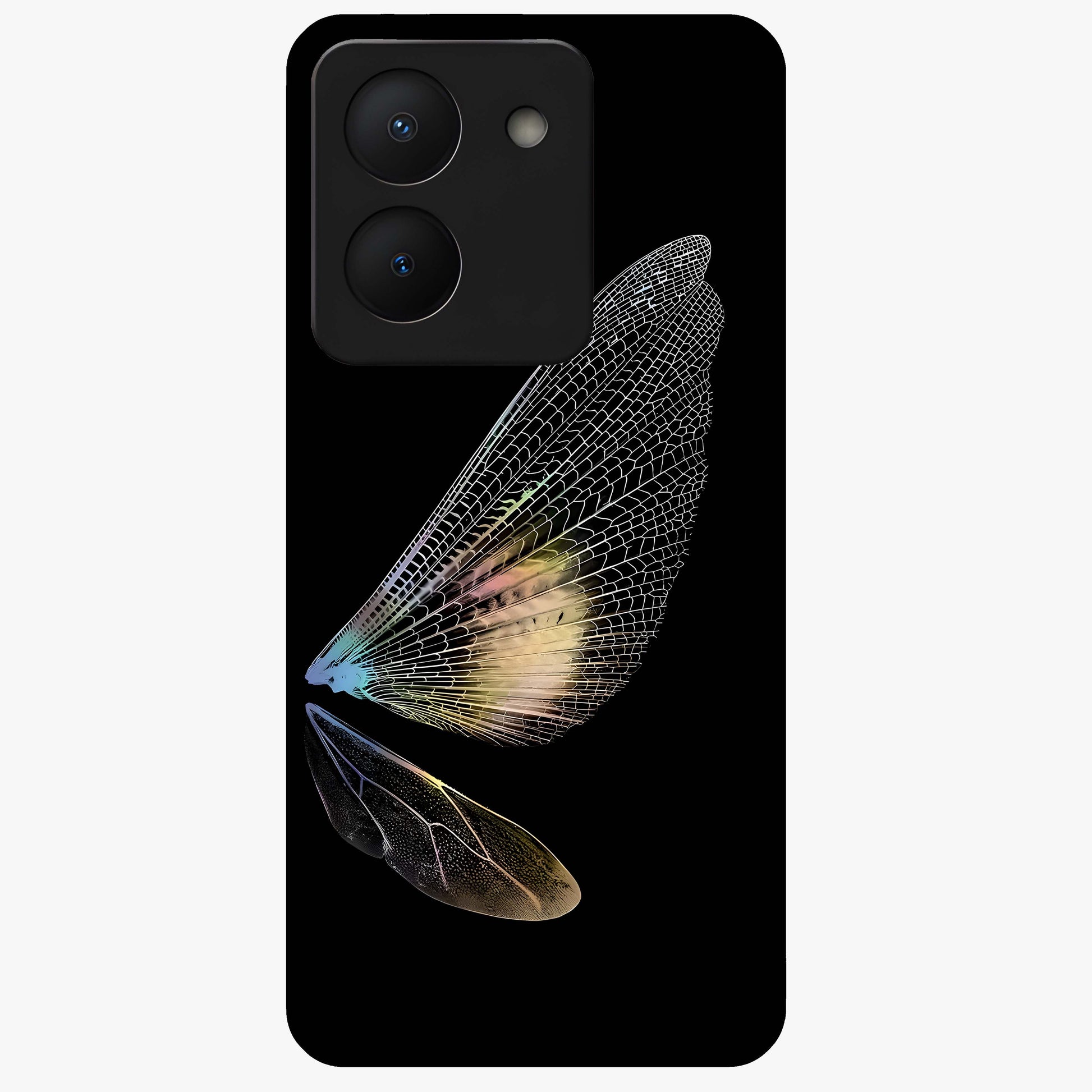 Whispers Of Wings Glass Case showing flat back view with graceful wing inspired artwork and glossy glass finish.