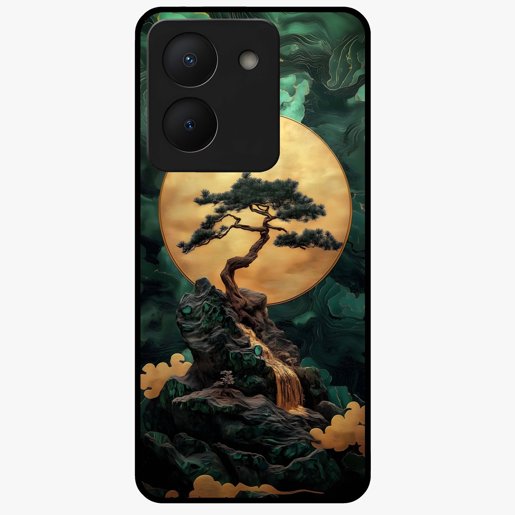 Zen Moon Rise Glass Case showing flat back view with calm moonrise artwork and glossy glass finish.