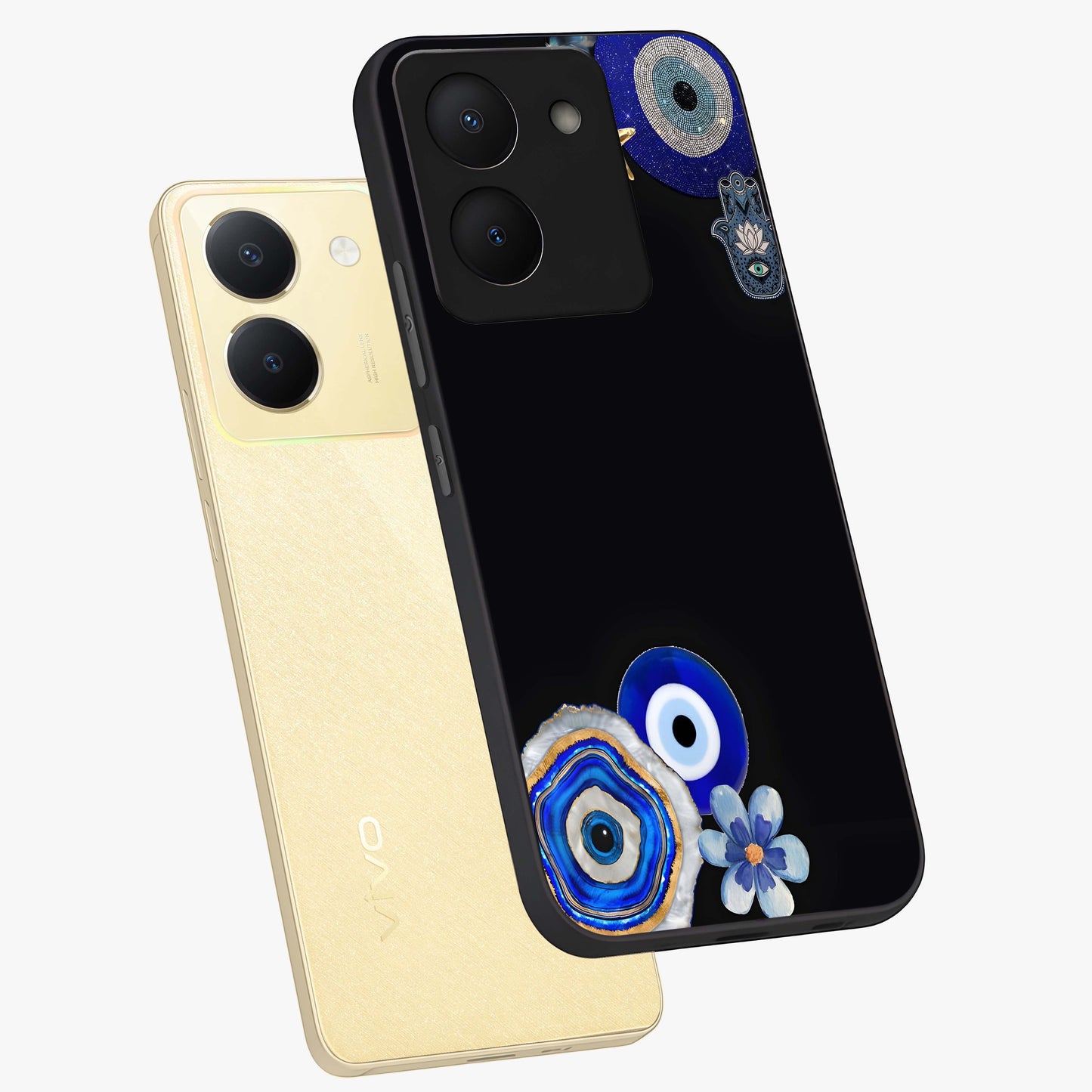 Aesthetic Blue Evil Eye Glass Case displayed in angled mockup highlighting blue evil eye symbol and spiritual aesthetic design.