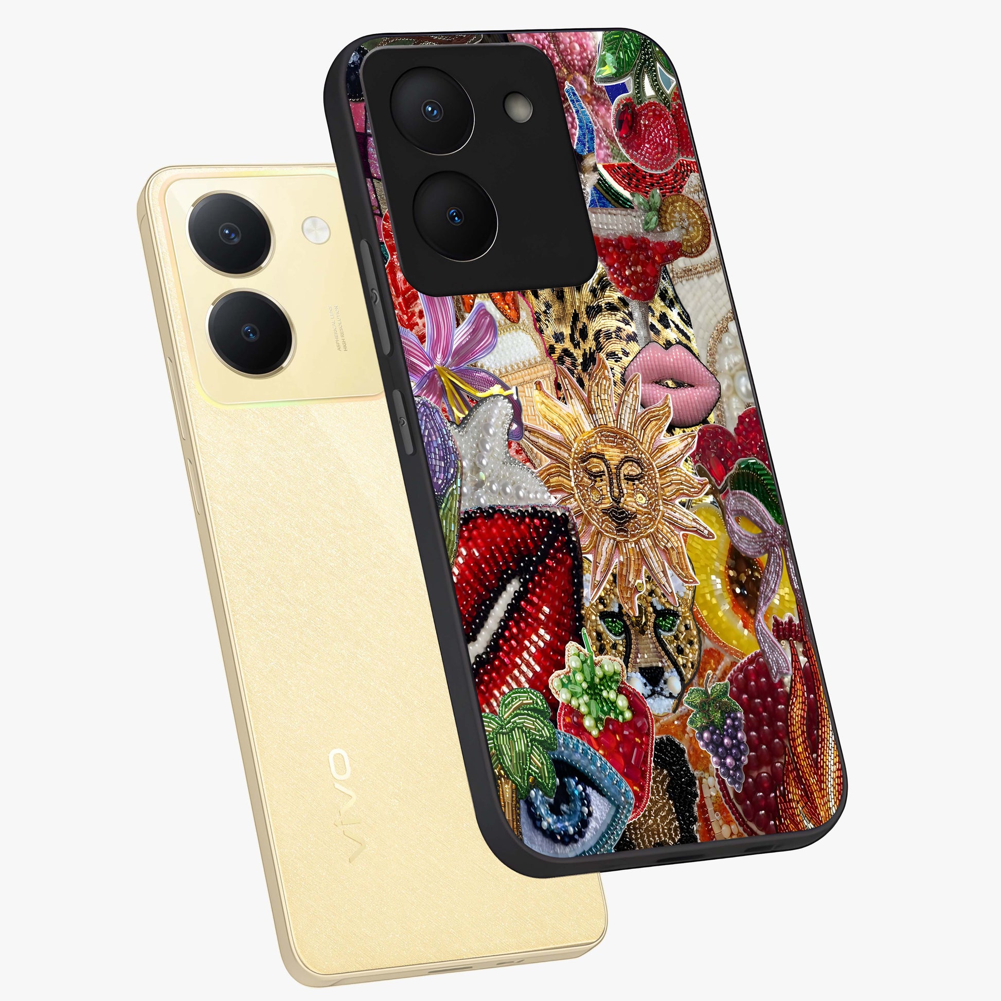 Beaded Fashion Jungle Glass Case displayed in angled mockup highlighting colorful fashion bead design and artistic pattern.