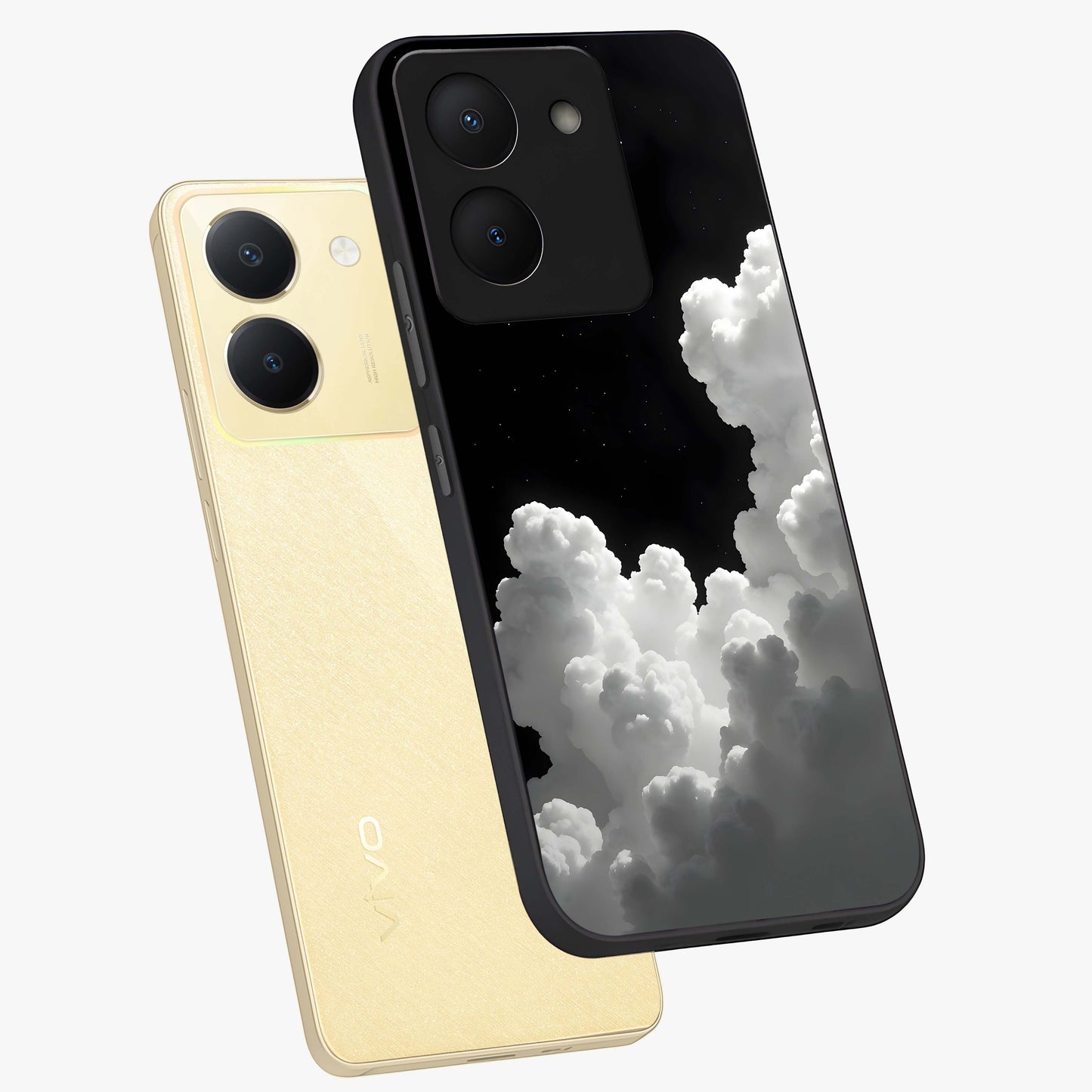 Black Background With White Cloud Glass Case displayed in angled mockup highlighting soft white cloud illustration and minimal design.