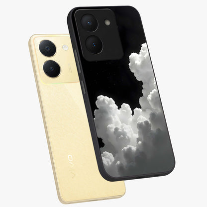 Black Background With White Cloud Glass Case displayed in angled mockup highlighting soft white cloud illustration and minimal design.