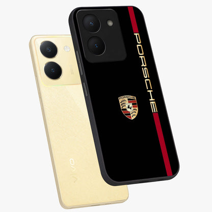 Black Minimal Porsche Glass Case displayed in angled mockup highlighting modern minimal car illustration and clean aesthetic design.