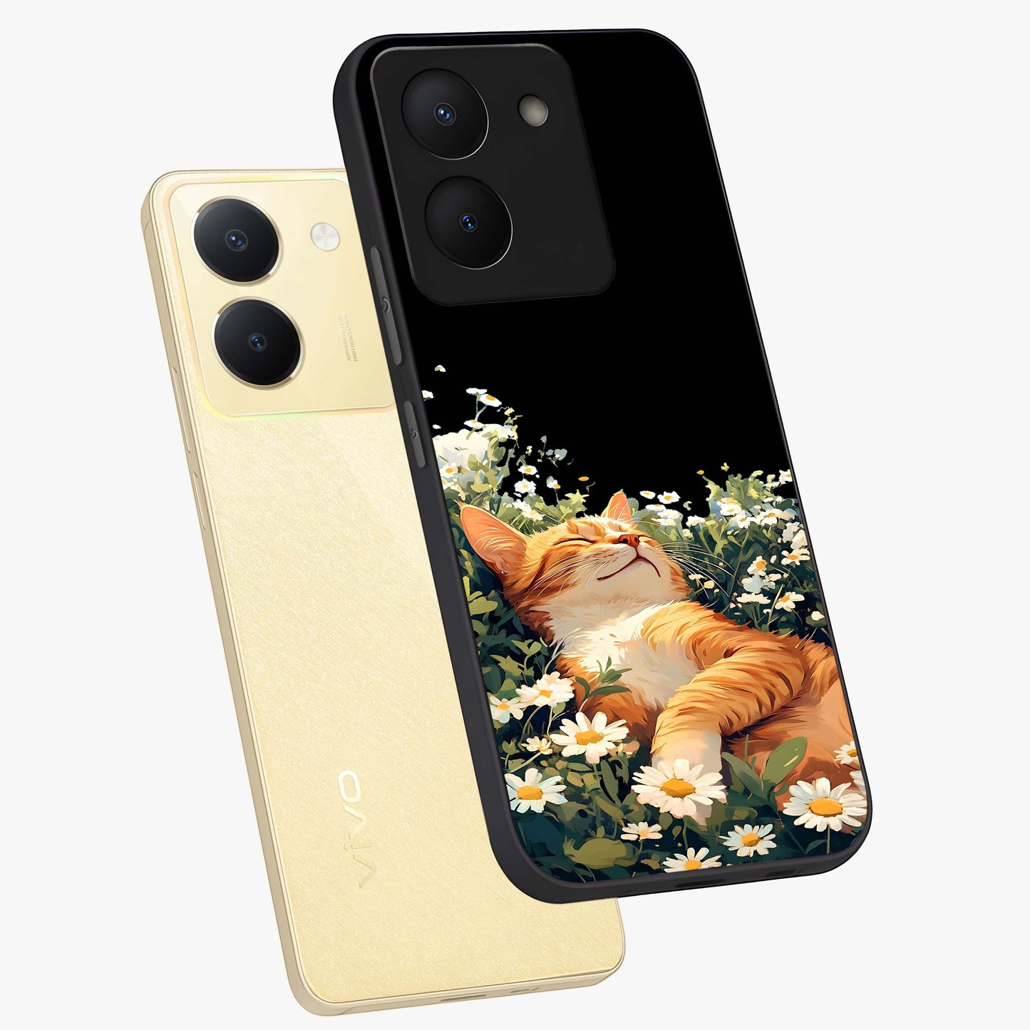 Blissful Bloom Cat Glass Case displayed in angled mockup highlighting playful feline illustration with soft floral aesthetic.