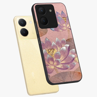 Blossom Mist Lotus Glass Case displayed in angled mockup highlighting delicate lotus illustration with calm aesthetic theme.