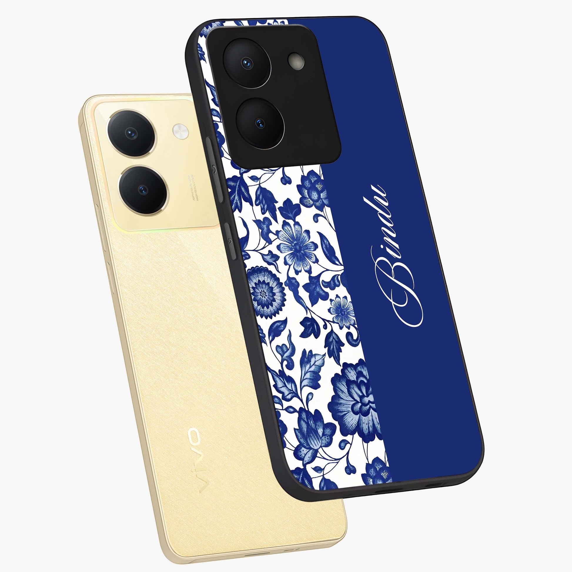 Blue Vintage Floral Pattern Glass Case displayed in angled mockup highlighting subtle bloom pattern with aesthetic pastel design.