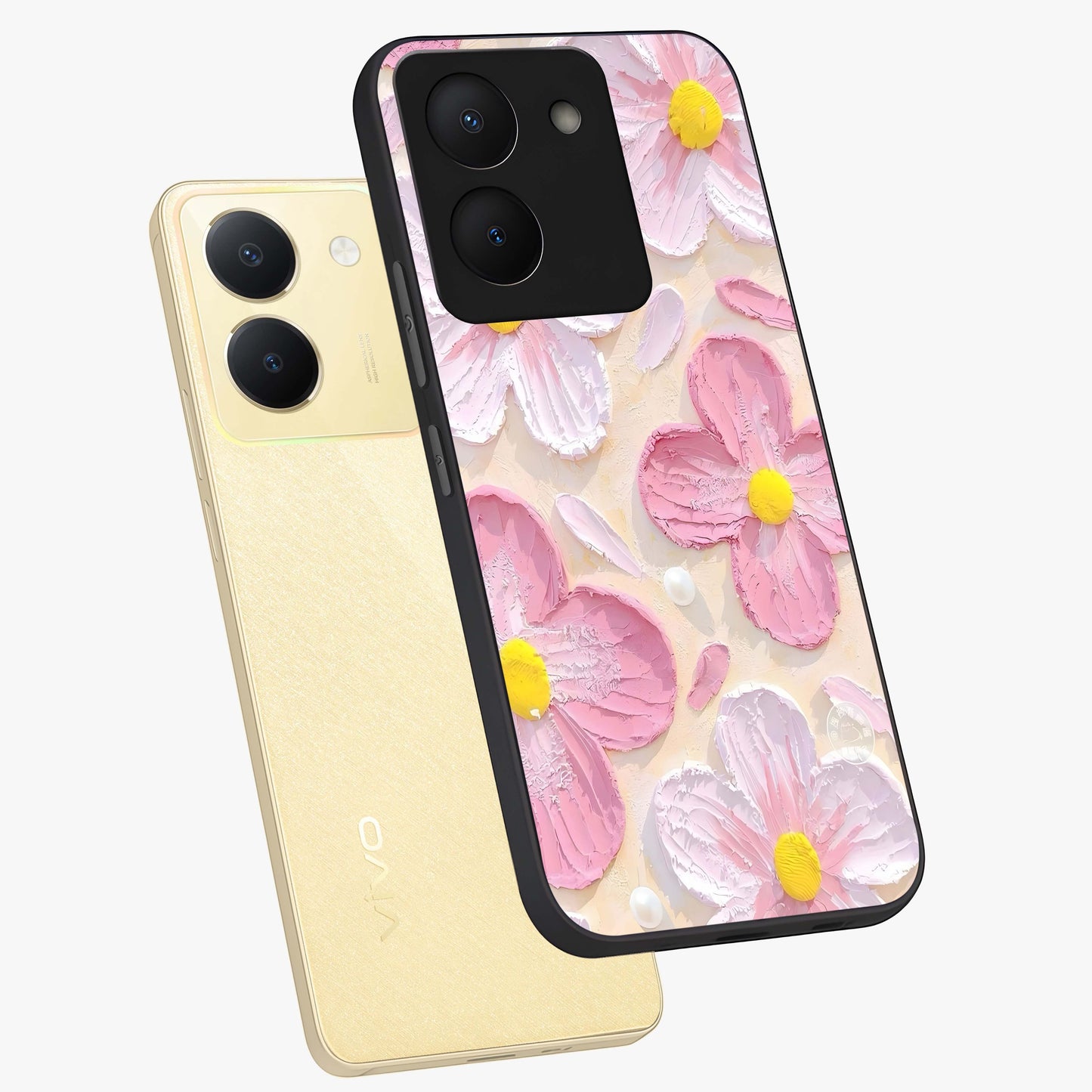 Blush Bloom Texture Glass Case displayed in angled mockup highlighting subtle bloom pattern with aesthetic pastel design.