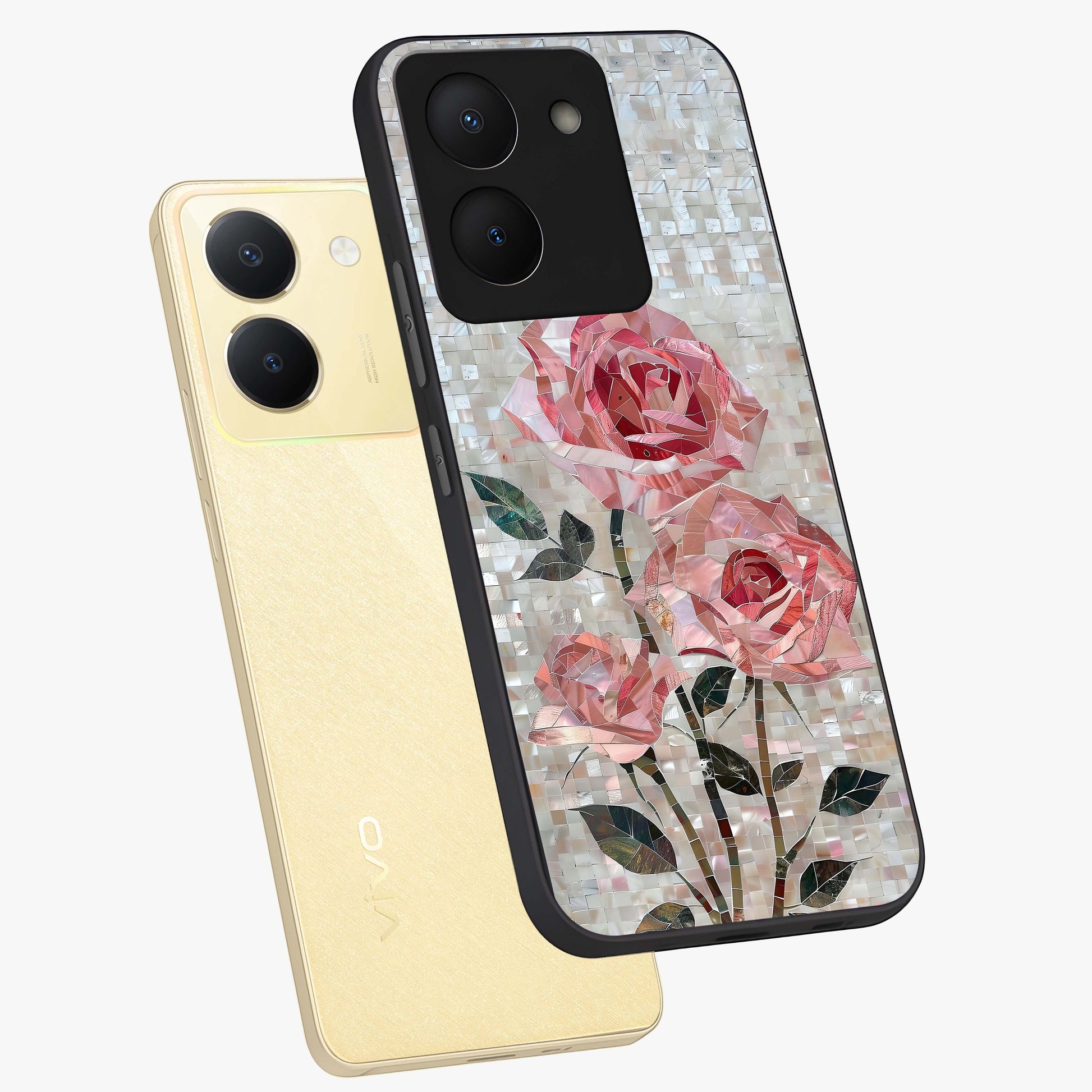 Blush Mosaic Bloom Glass Case displayed in angled mockup highlighting artistic mosaic flower pattern with aesthetic design.
