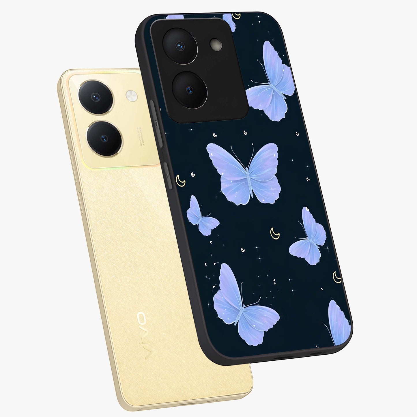 Butterfly With Stars Pattern Glass Case displayed in angled mockup highlighting dreamy butterfly and star design with aesthetic theme.