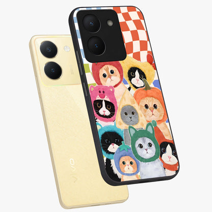 Cats in Fruits Glass Case displayed in angled mockup highlighting cute feline fruit design with colorful aesthetic style.