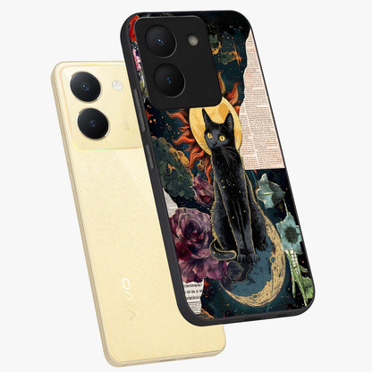 Celestial Black Cat Glass Case displayed in angled mockup highlighting cosmic black cat design with celestial aesthetic.