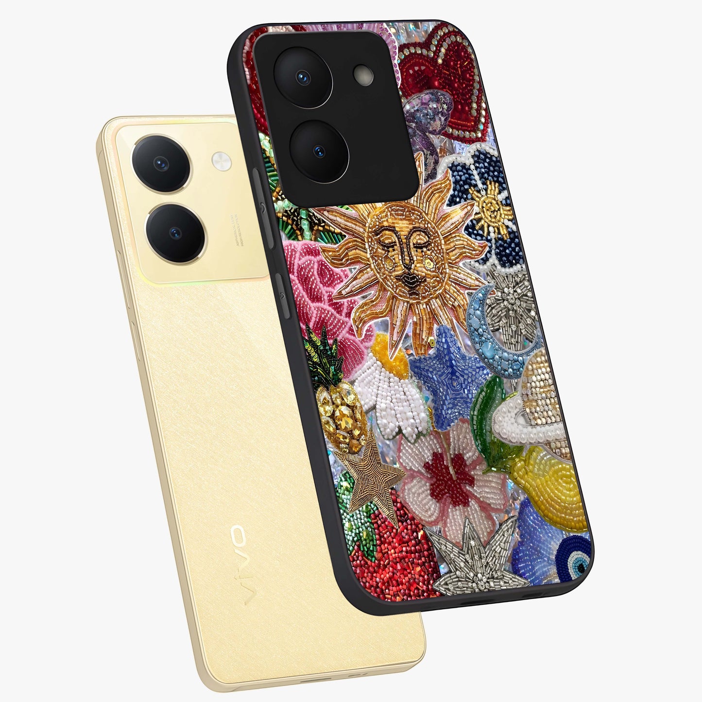 Celestial Floral and Playful Glass Case displayed in angled mockup highlighting playful floral design with dreamy celestial elements.