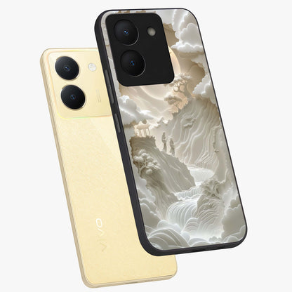 Celestial Origami Glass Case displayed in angled mockup highlighting geometric origami design with cosmic aesthetic theme.