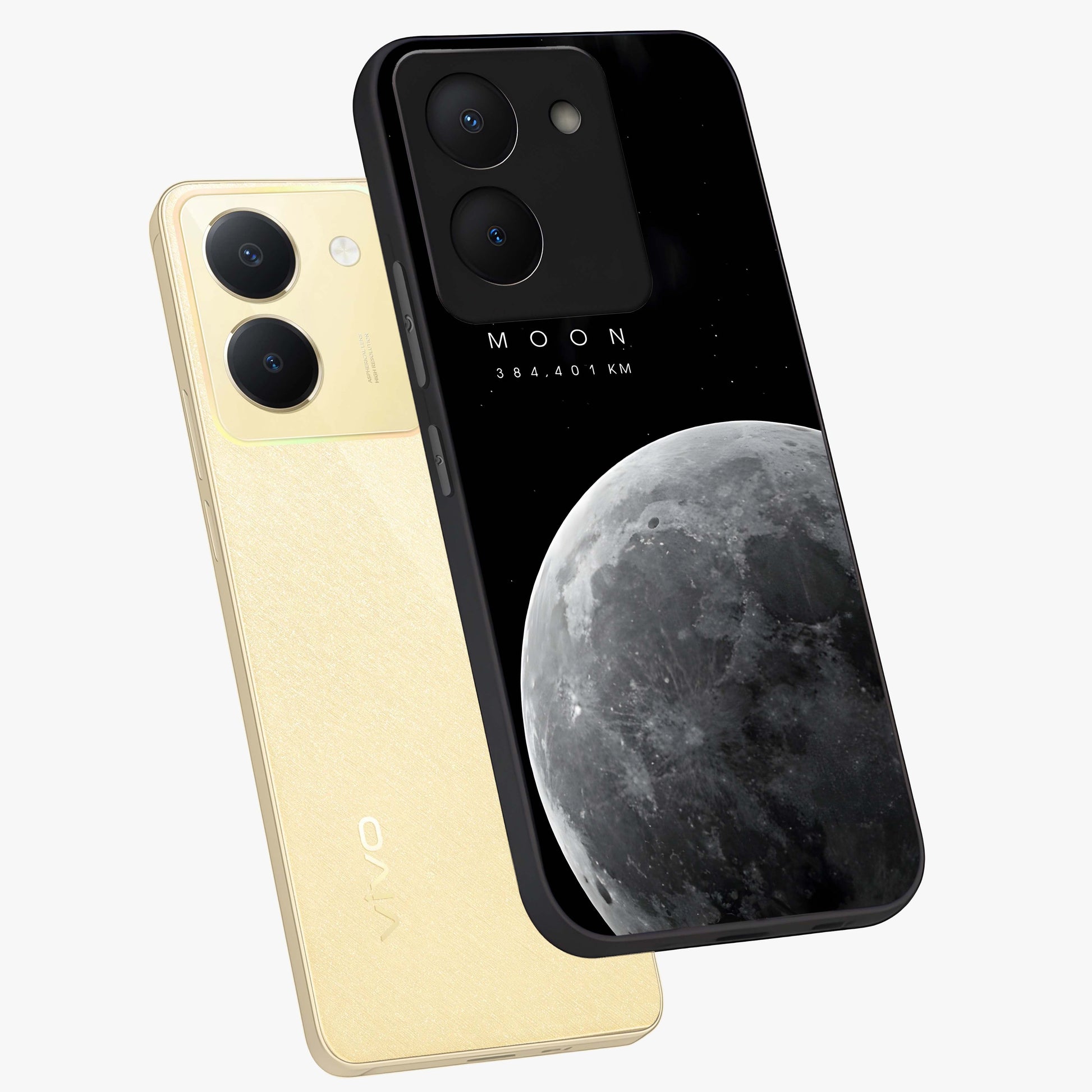 Cosmic Moon Glow Glass Case displayed in angled mockup highlighting celestial moon design with cosmic aesthetic theme.