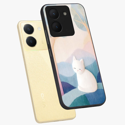 Cotton Dream Cat Glass Case displayed in angled mockup highlighting cute feline illustration with pastel aesthetic style.