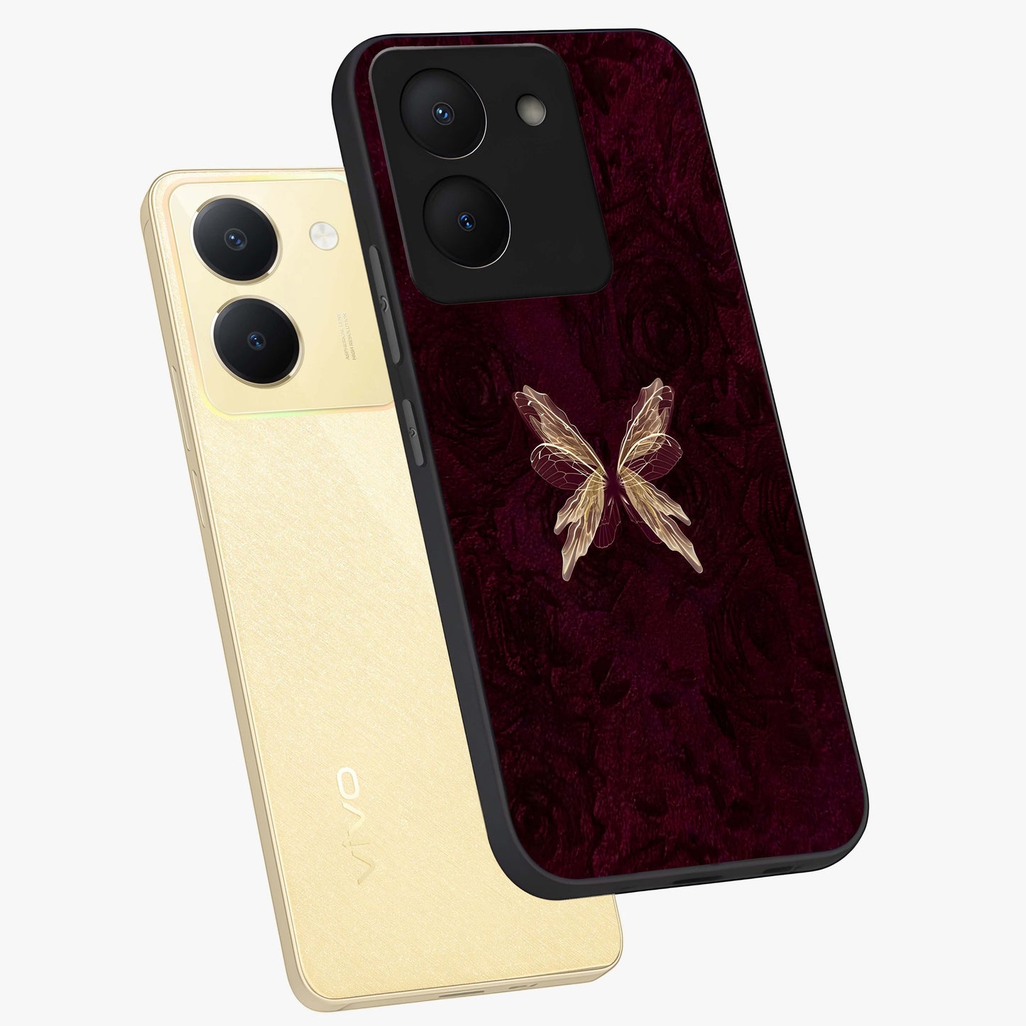 Crimson Fade Butterfly Glass Case displayed in angled mockup highlighting elegant butterfly design with crimson gradient aesthetic.