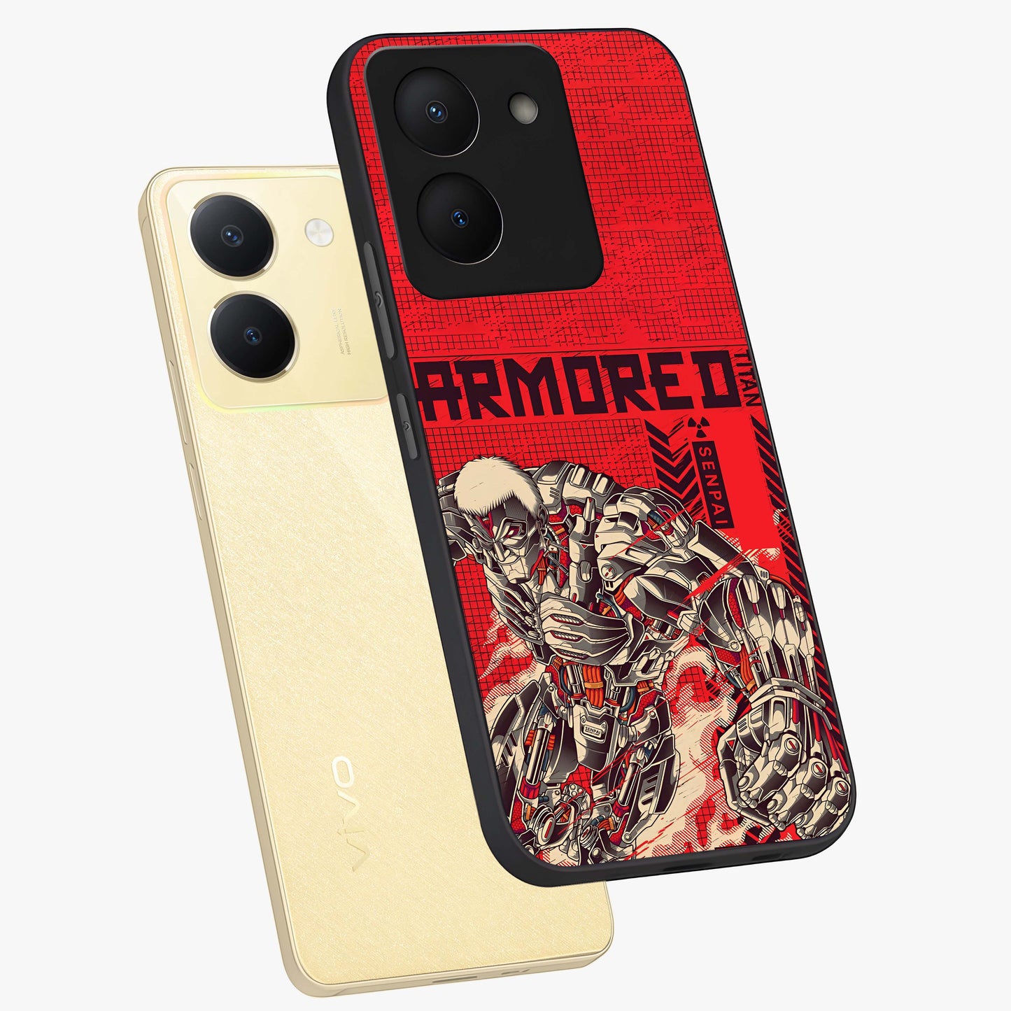 Crimson Mecha Titan Glass Case displayed in angled mockup highlighting futuristic mech illustration with bold crimson aesthetic.