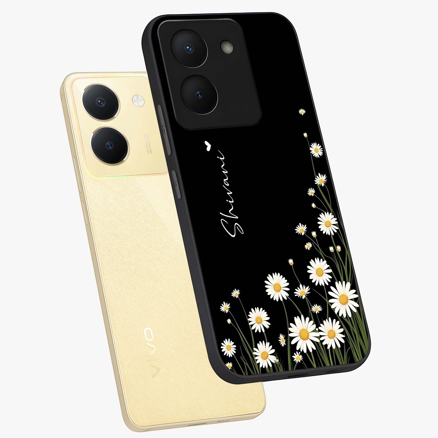 Daisy Cascade Custom Name Glass Case displayed in angled mockup highlighting delicate daisy artwork with custom name feature.