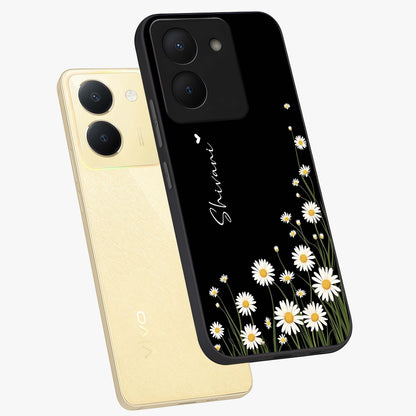 Daisy Cascade Custom Name Glass Case displayed in angled mockup highlighting delicate daisy artwork with custom name feature.