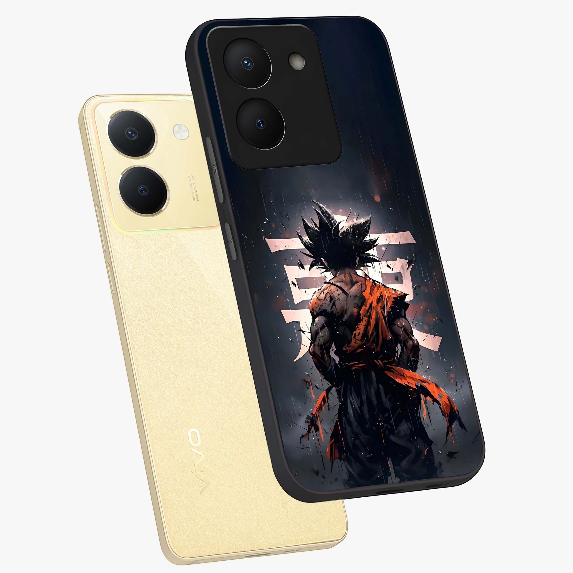 Dark Warrior In Rain Glass Case displayed in angled mockup highlighting dramatic warrior illustration with dark rain aesthetic.
