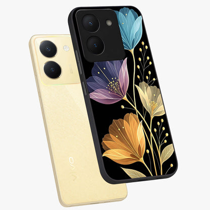 Delicate Multicolor Flowers Glass Case displayed in angled mockup highlighting colorful flower pattern with soft aesthetic style.