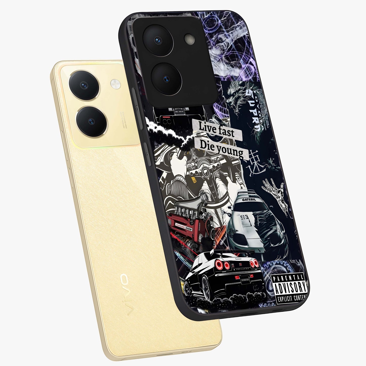 Die Young Glass Case displayed in angled mockup highlighting expressive graphic artwork with edgy aesthetic style.