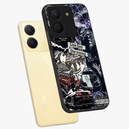 Die Young Glass Case displayed in angled mockup highlighting expressive graphic artwork with edgy aesthetic style.