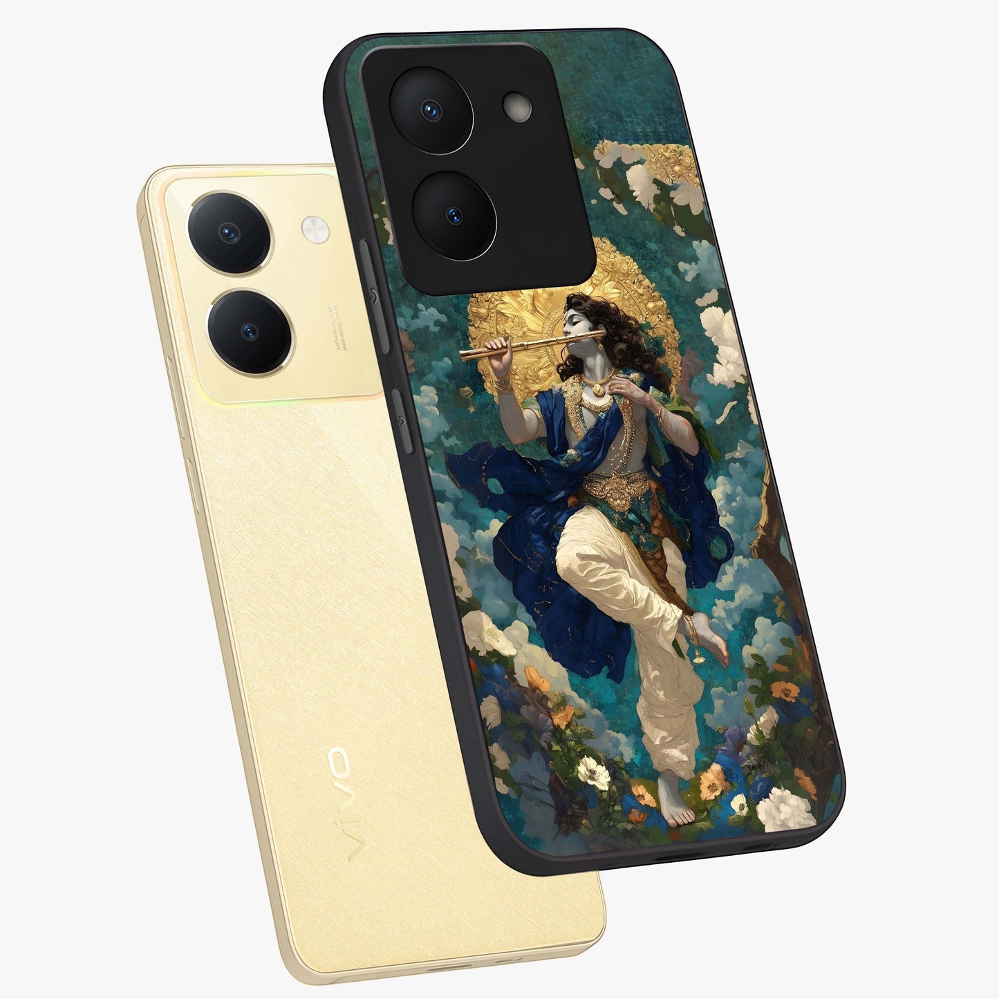 Divine Krishna Art Glass Case displayed in angled mockup highlighting spiritual Krishna illustration with devotional aesthetic.