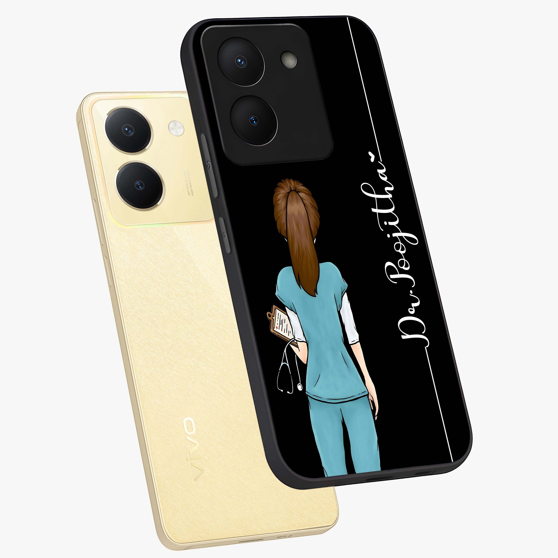 Doctor Pattern Custom Name Glass Case displayed in angled mockup highlighting doctor inspired artwork with custom name feature.