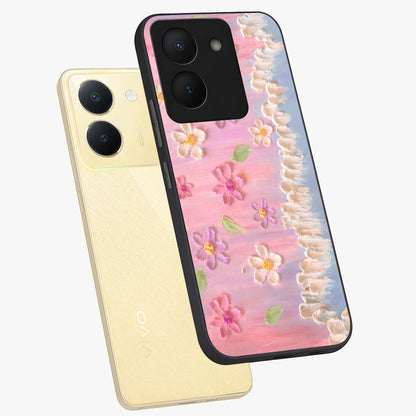 Dreamy Painted Garden Glass Case displayed in angled mockup highlighting colorful garden illustration with dreamy aesthetic style.
