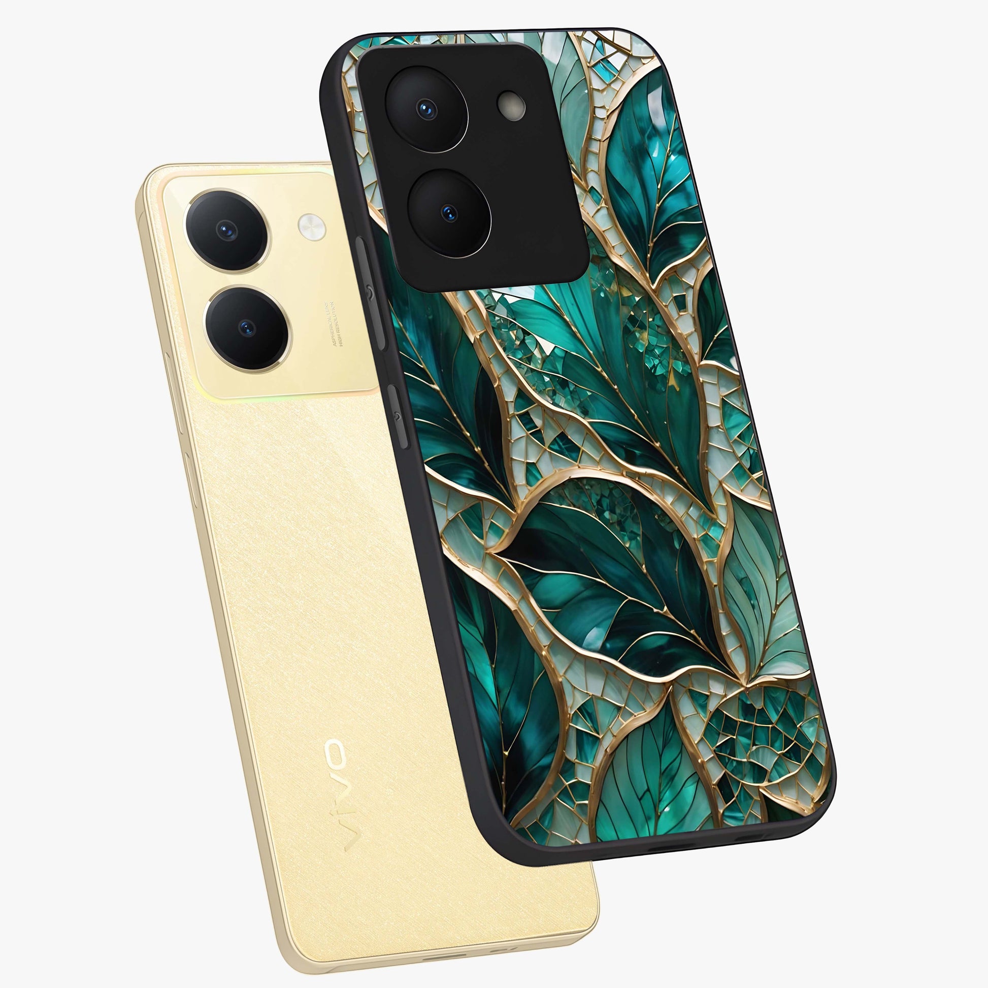 Emerald Leaf Glass Glass Case displayed in angled mockup highlighting botanical leaf illustration with elegant natural aesthetic.