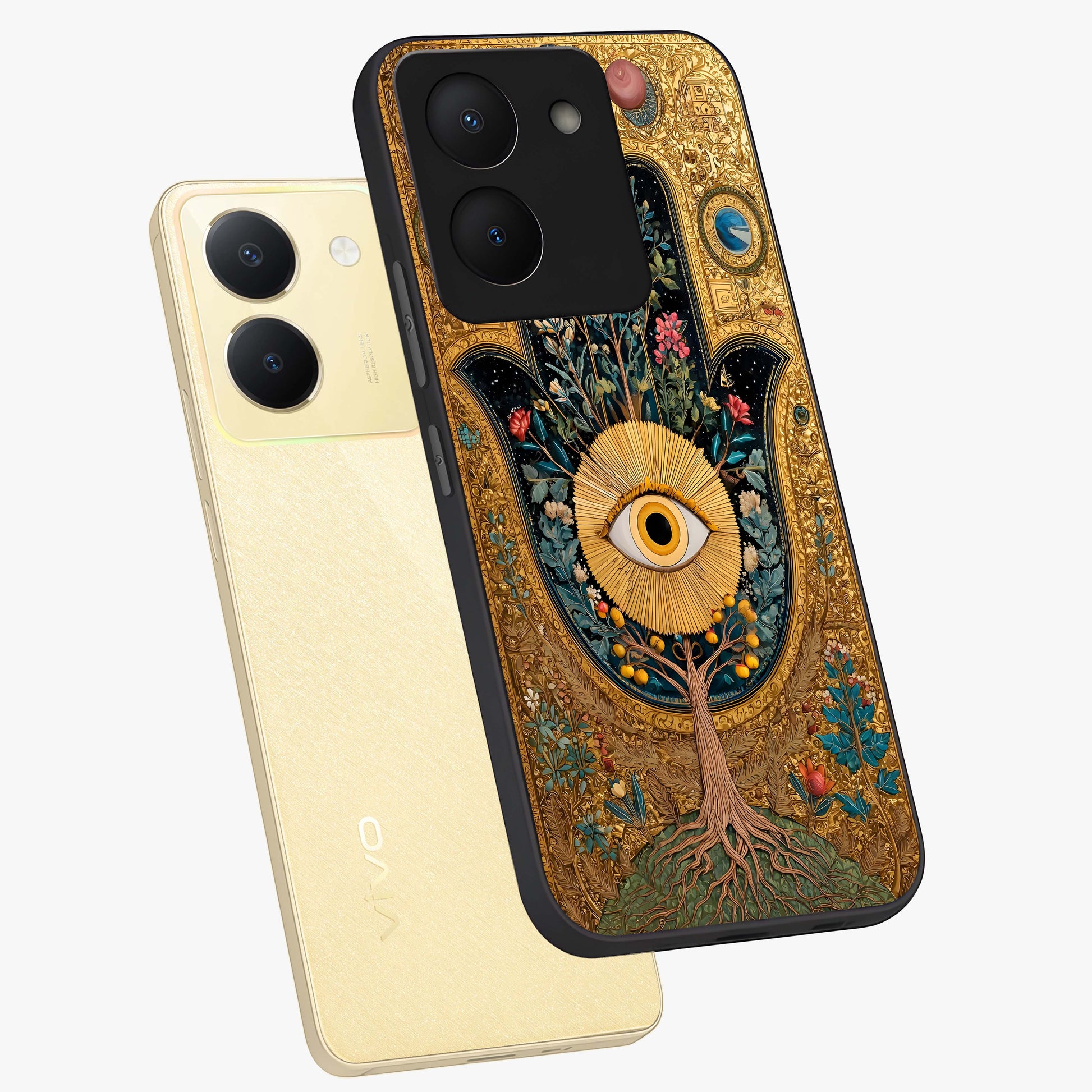 Ethereal Evil Eye Glass Case displayed in angled mockup highlighting protective evil eye symbol with spiritual aesthetic design.