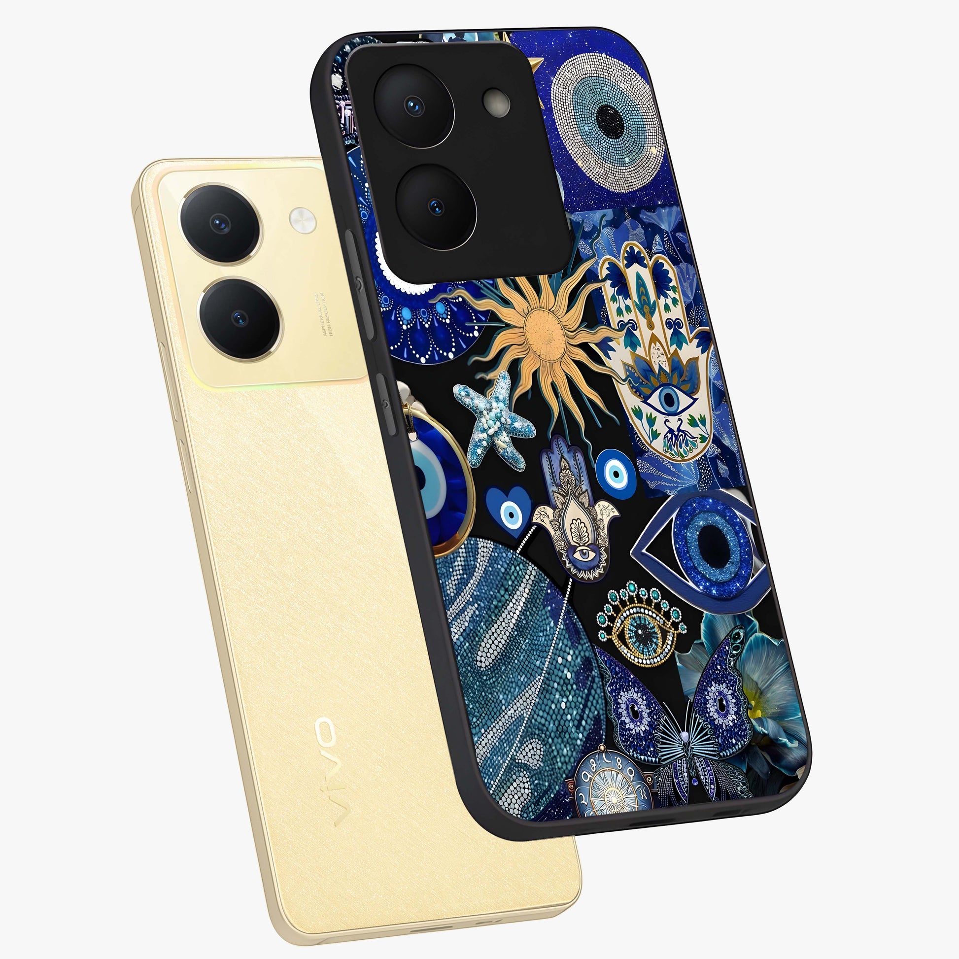 Evil Eye Charm Mix Glass Case displayed in angled mockup highlighting protective evil eye symbols with spiritual aesthetic design.