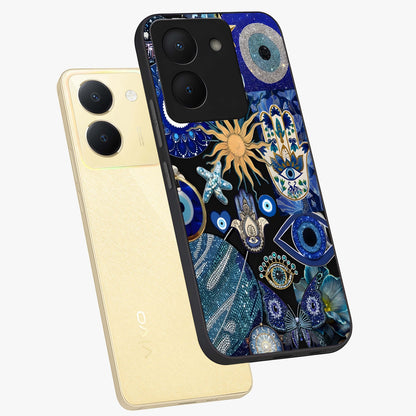 Evil Eye Charm Mix Glass Case displayed in angled mockup highlighting protective evil eye symbols with spiritual aesthetic design.
