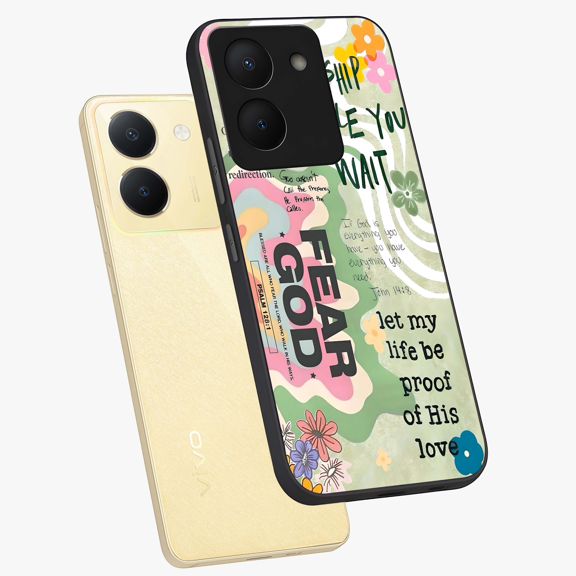 Faith Over Fear Glass Case displayed in angled mockup highlighting inspirational message design with modern aesthetic style.