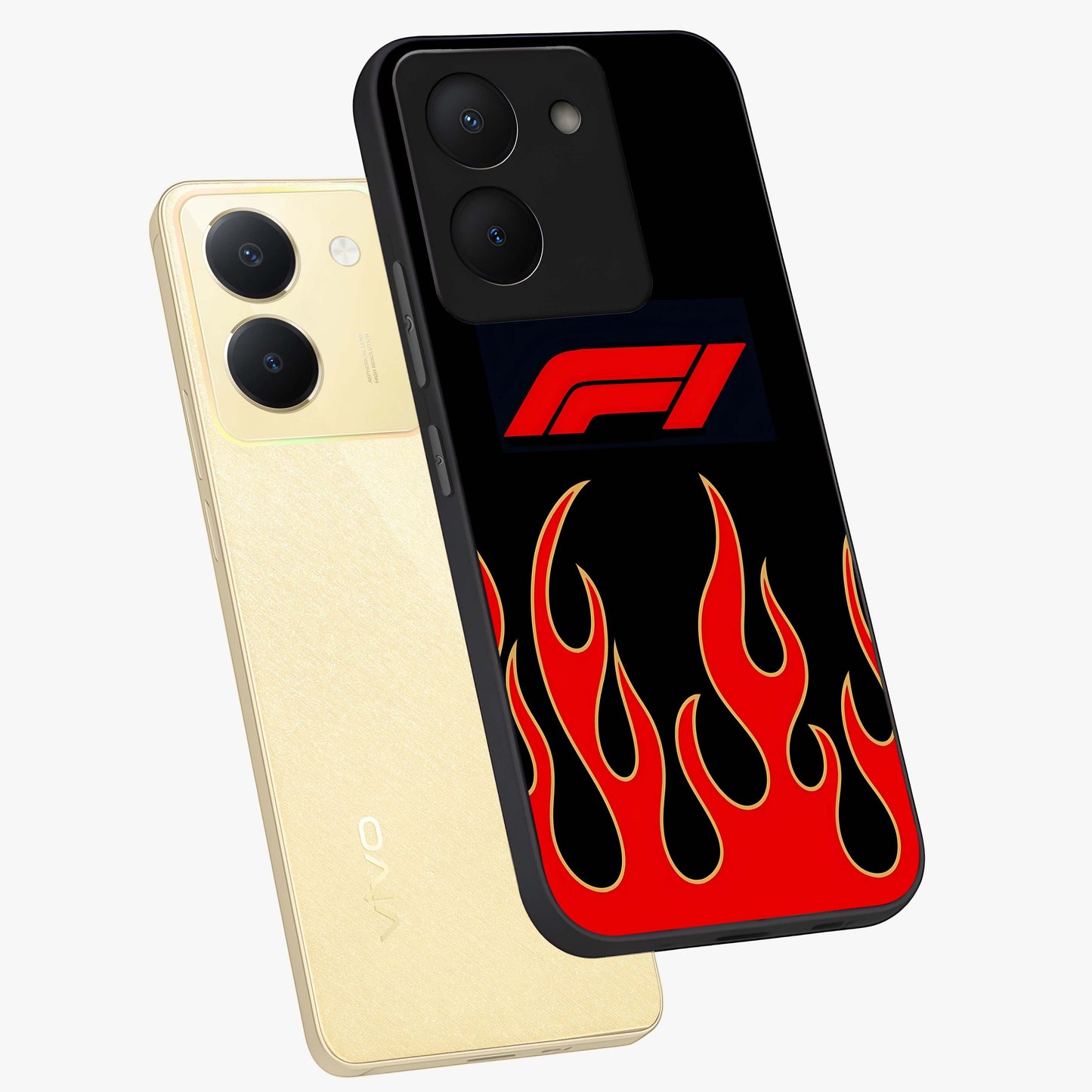 Fire F11 Glass Case displayed in angled mockup highlighting bold fire inspired graphic with energetic aesthetic style.