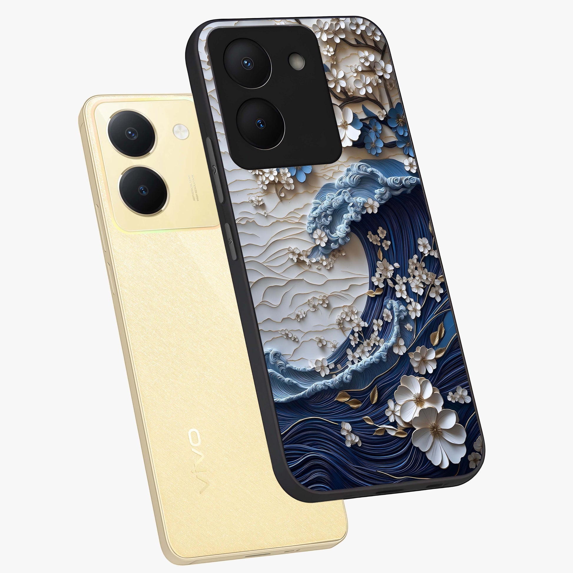 Floral Wave Origami Glass Case displayed in angled mockup highlighting geometric origami flower design with modern aesthetic style.