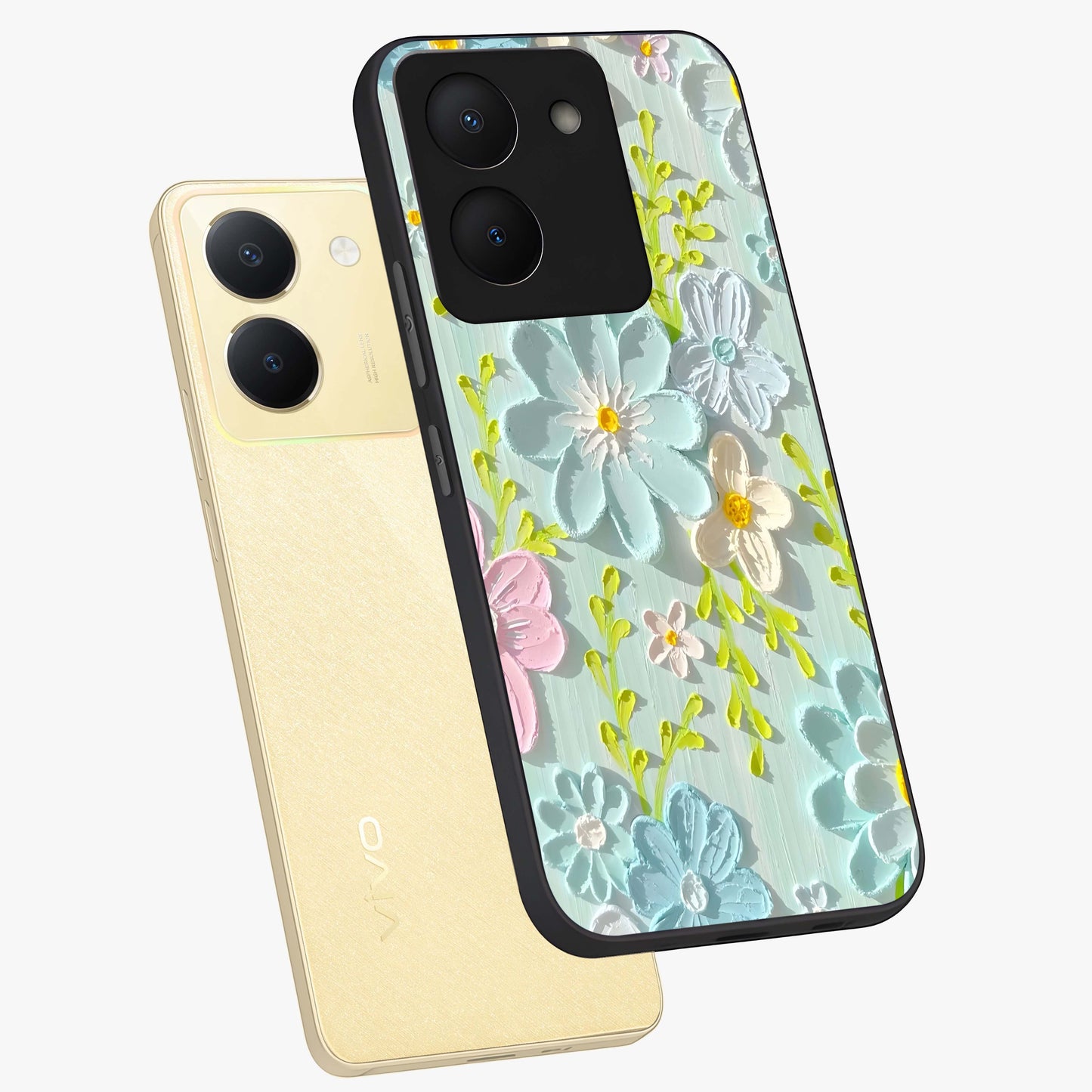 Frosted Petal Garden Glass Case displayed in angled mockup highlighting delicate flower petal design with calm garden aesthetic.