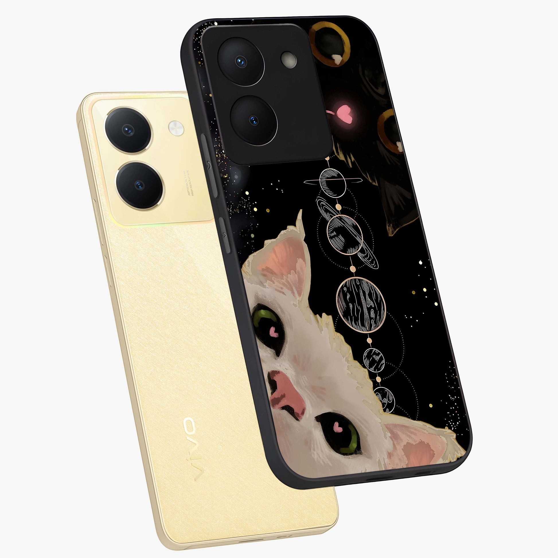Galactic Cat Glass Case displayed in angled mockup highlighting celestial feline illustration with galaxy aesthetic style.