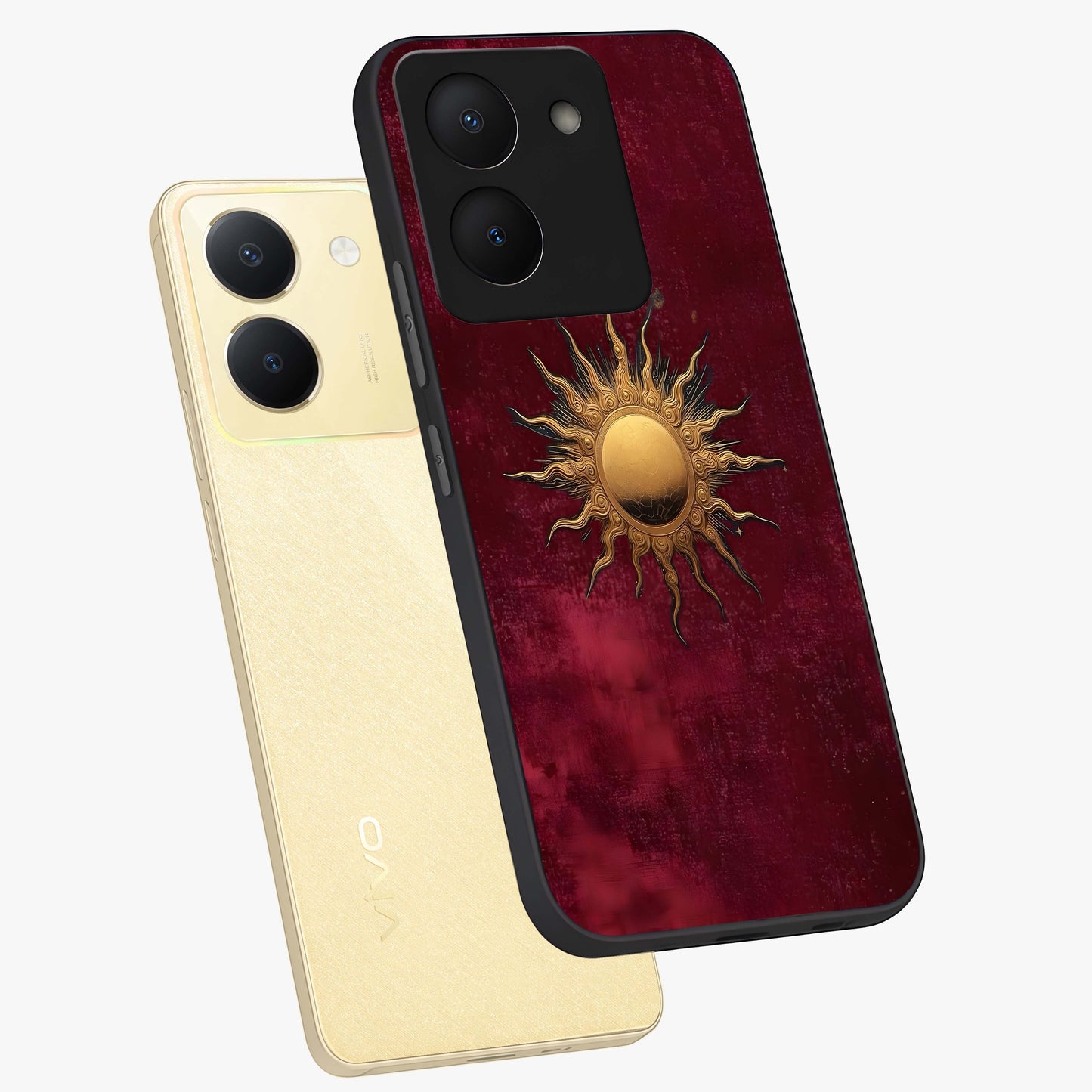 Golden Sun Minimalism Glass Case displayed in angled mockup highlighting clean sun symbol design with modern minimal aesthetic.