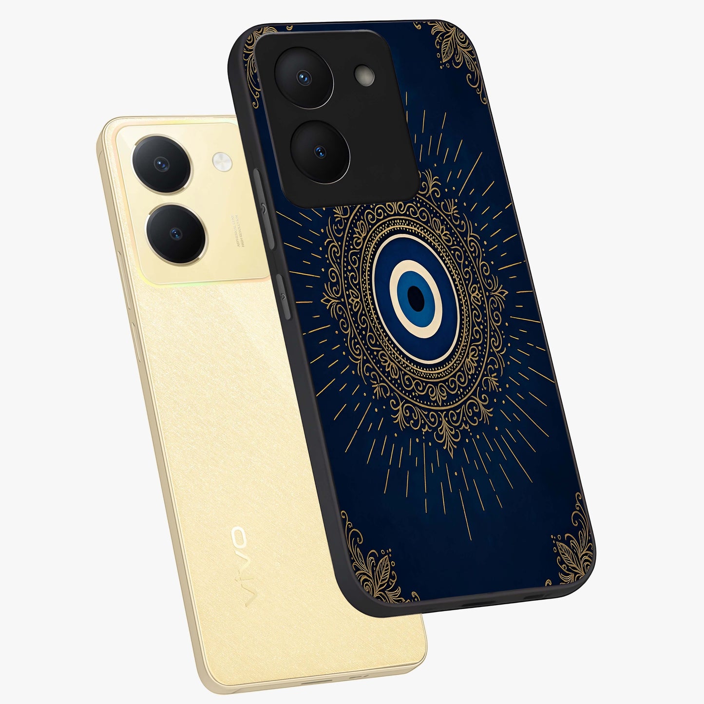 Golden Celestial Charm Glass Case displayed in angled mockup highlighting sparkling cosmic charm design with celestial aesthetic.